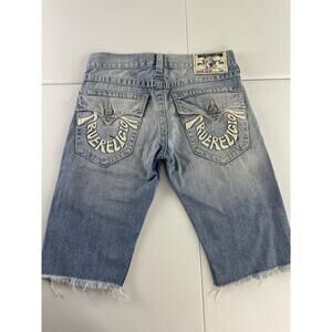True Religion Straight Cut Off Shorts Men’s 31 USA Embroidered Spellout Pocket
